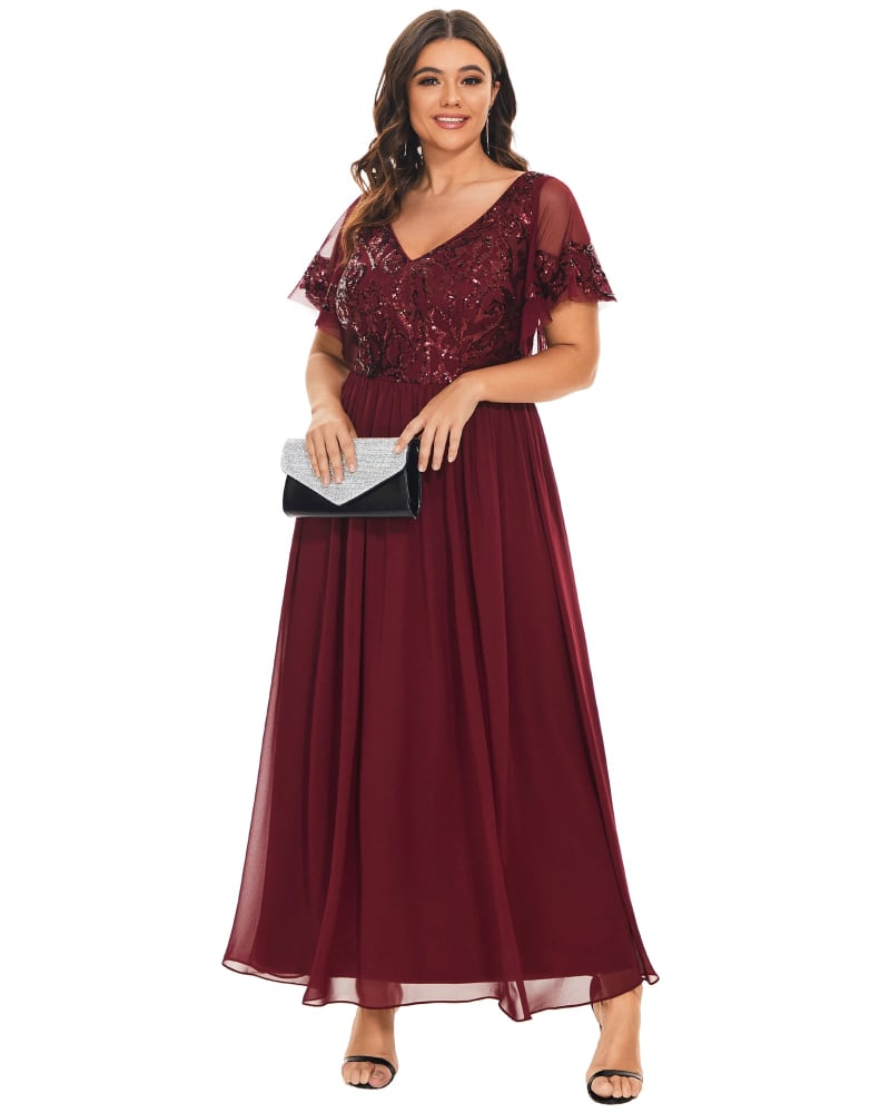 Plus size burgundy dress with sleeves clearance